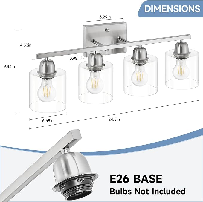 Modern Brushed Nickel 4 Light Bathroom Light Fixtures, 24 inch Vanity Lights for Bathroom with Clear Glass, Vanity Light for Mirror Kitchen Living Room Hallway Cabinet Porch