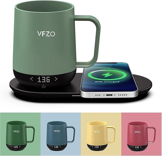 Temperature Control Smart Mug, Self Heating Coffee Mug LED Display, 180 Min Battery Life - Hot up to 149℉ Fast Wireless Charger Base Improved Design coffee serving sets (12oz, Blue Grey)