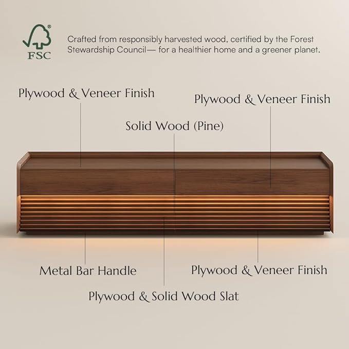 POVISON Fully-Assembled Mid Century Modern TV Stand, 78.74" Wood Media Console with Adjustable LED Light, Entertainment Center with Storage for Living Room