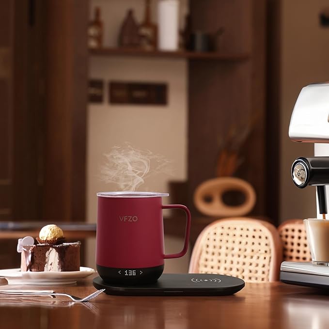 Temperature Control Smart Mug, Self Heating Coffee Mug LED Display, 180 Min Battery Life - Hot up to 149℉ Fast Wireless Charger Base Improved Design coffee serving sets (12oz, Burgundy)