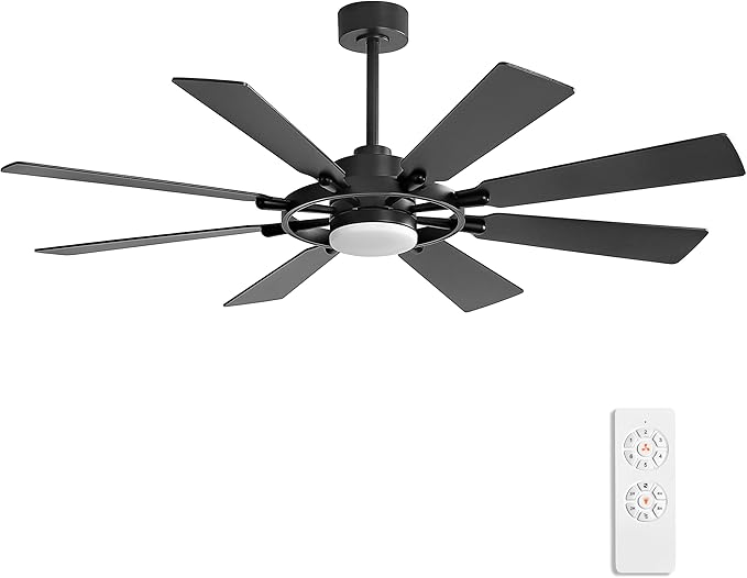 ELEHINSER 60 Inch Ceiling Fan with Lights and Remote Control, 8 Plywood Blades, 6-Speed Noiseless Reversible DC Motor, 3CCT, Windmill Ceiling fan for Kitchen Bedroom Living Room, Matte Black