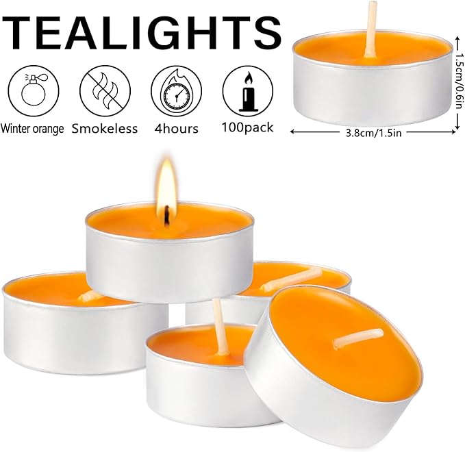 100 Pack Scented Tealight Candles 4 Hours, Winter Orange Aromatherapy Candles for Votive Home, Wedding Holiday and Emergency (Orange)