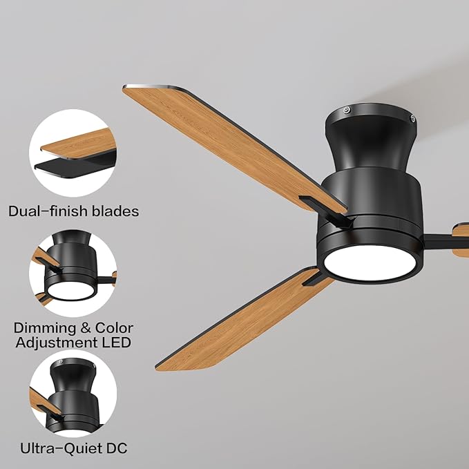 Ceiling Fans with Lights,52 Inch,Quiet Reversible Motor,Easy to Install,6 Speeds,Dimmable,Timer,Black Low Profile Ceiling Fan for Bedroom Living Room,Kitchen,Indoor/Outdoor
