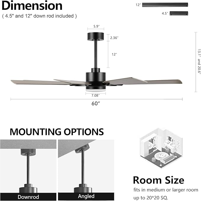 ELEHINSER 60 Inch Ceiling Fan with Lights and Remote Control, 8 Plywood Blades, 6-Speed Noiseless Reversible DC Motor, 3CCT, Windmill Ceiling fan for Kitchen Bedroom Living Room, Black and Grey