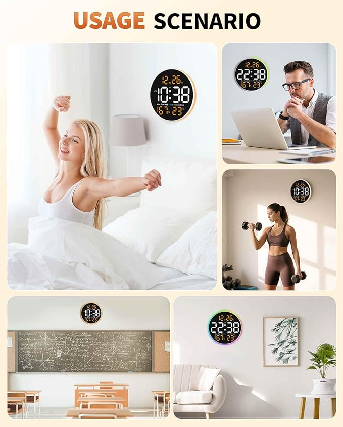 10 Inch Large Digital Wall Clock with 9 Color Changing Remote Control, Date Week Temperature, Auto Brightness Dimmer Big Clock Night Lights,Orange