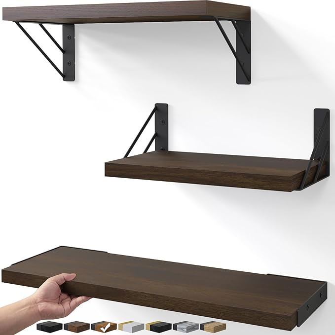 BAYKA Floating Shelves for Wall, Book Shelf for Bedroom, Wall Decor Shelves for Living Room Kitchen, Wood Floating Shelf for Home Decor, Corner Shelf for Bathroom, Office(Dark Brown,Set of 3)