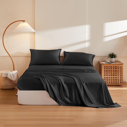 THXSILK Silk Sheet Set 5Pcs, 6A+ Top Grade 100% Pure Mulberry Silk Bed Sheets, Ultra Soft Durable Luxury Bedding Sets, 2 Fitted Sheet, 1 Flat Sheet and 2 Pillowcases (Split King, Black)