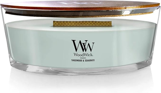 WoodWick Sagewood & Seagrass Gifts for Women and Men, 16 oz Ellipse Candle with Crackling Wick