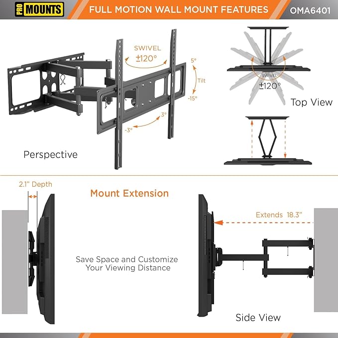 ProMounts Articulating/Full Motion Heavy Duty TV Wall Mount for 37-92 Inch LED, LCD Plasma Flat and Curved TV Screens, Holds Up to 88 lbs Max VESA 600x400