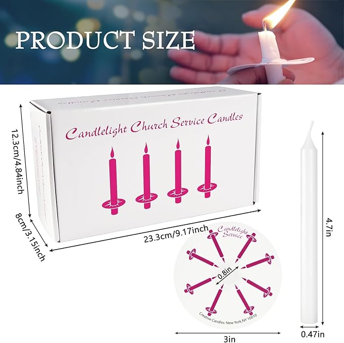 100 Church Candles with Drip Protectors for Devotional Candlelight Vigil Service, Box of 100 Candles, Unscented White 5" H X 1/2" D, No Smoke