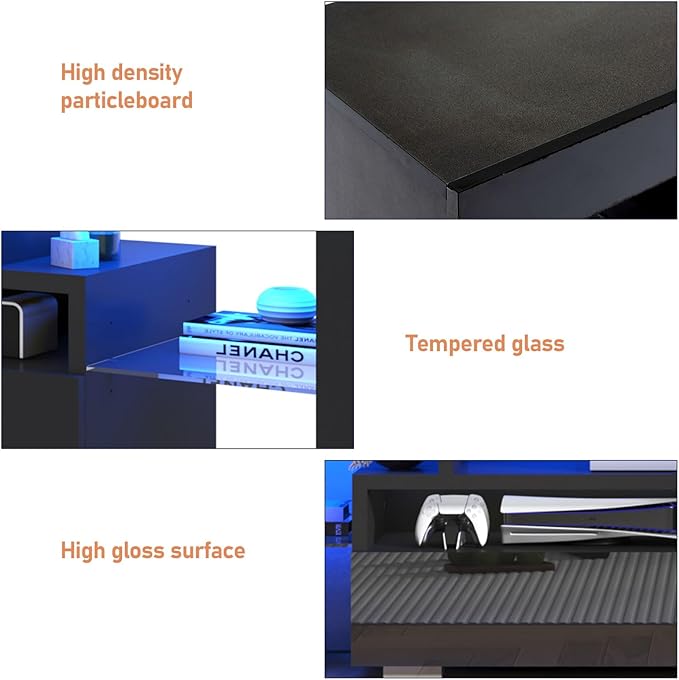 TV Stand with 16 Color LED Lights, Media Console with Drawer and Glass Open Shelf for 65/75/85 inch TV, Modern Gloss Entertainment Center for Living Room Bedroom, Black