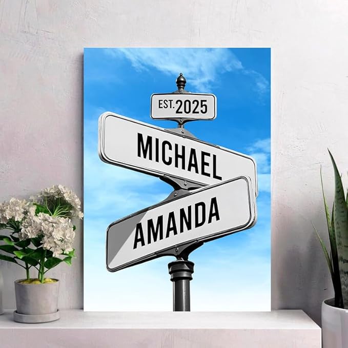 Personalized Canvas Vintage Street Sign For Couples, Crossroads Street Sign For Сouple, Custom Name And Date Poster, Christmas Gifts For Her/Him, Valentines Day Gift For Girlfriend/Boyfriend #11