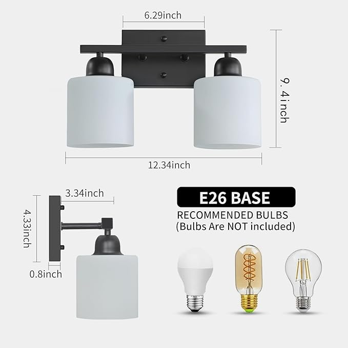 2 Light Black Bathroom Light Fixture, Modern Bathroom Lights with Milky White Frosted Glass Shades for Mirror Living Room Bedroom Hallway E26 Base