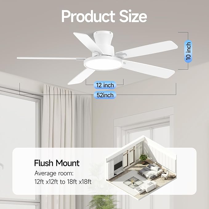 Ceiling Fans with Lights,52 inch,Quiet,Reversible Motor,Dimmable, Adjustable Color Temperature,6 Speeds,Timer, Low Profile Ceiling Fan for Bedroom,Living Room,Indoor/Outdoor Use(White)