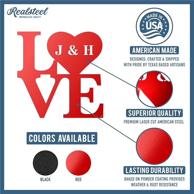 RealSteel - Love Monogram - Valentines Day Gifts for Her - Customized Boho Living Room Decor - Perfect for Couples, Anniversaries, Weddings, Bridal Showers, Birthdays (24", Red)