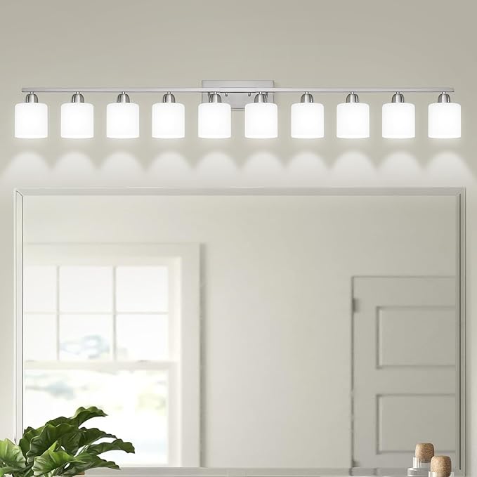 Brushed Nickel Bathroom Vanity Light for Giant Mirror, 10 Light Brushed Nickel Vanity Lights, 65 inch Wall Lamps for Bedroom for Mirrors with Milky White Frosted Glass Shades, E26