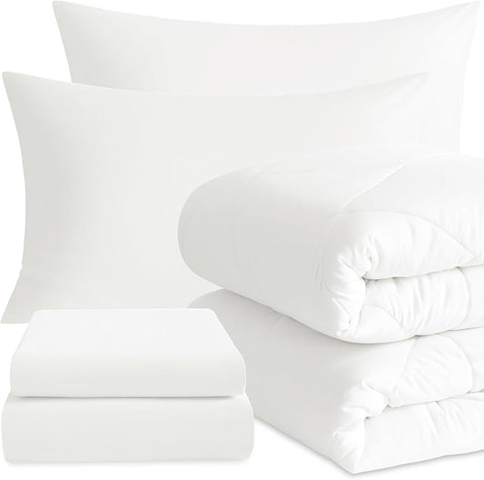 NTBAY Twin Comforter Set with Sheets, 5 Pieces Soft and Breathable Twin Bedding Set, Twin Bed in a Bag, Down Alternative Comforter Set Solid Color All Season, Kids Bedding Set, White
