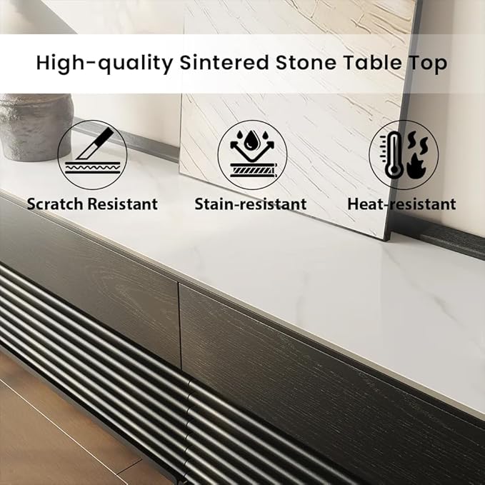 POVISON Fully-Assembled Mid Century Glossy Sintered Stone TV Stand, 70.87" Wood Media Console with Adjustable LED Light, Entertainment Center with Storage for Living Room