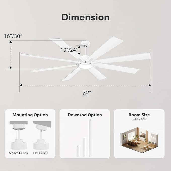 72 Inch Large Outdoor Ceiling Fans for Paitos with Light Remote, Modern Industrial Ceiling Fan with White/Oak Blade 6 Speed Quiet Reversible DC Motor, Dimmable High CFM Ceiling Fan for Indoor/Exterior