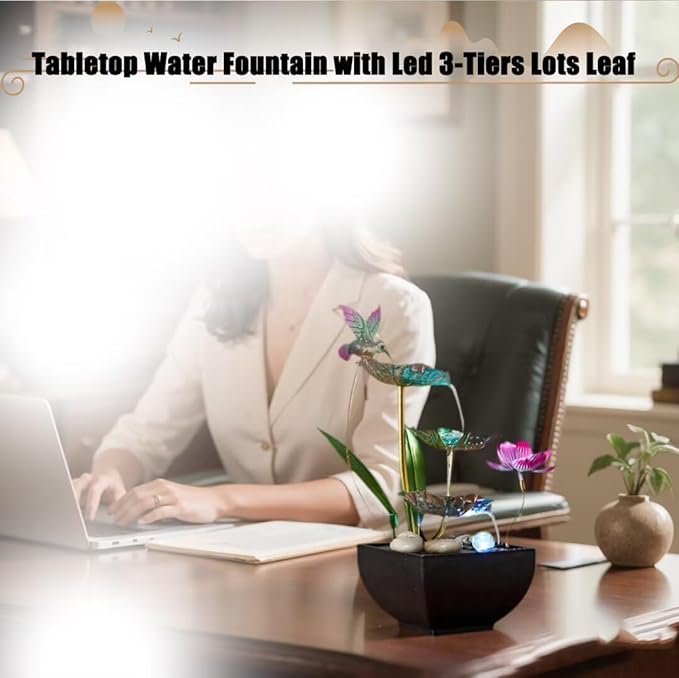 Tabletop Fountain 3-Tiers Leaf: Small Indoor Waterfall Fountains with Rocks - Lotus Waterfall Fountain Zen Fountains Blue