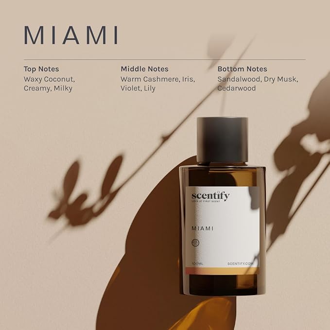 Scentify Miami Aroma Oil Refill Scent for Oil Diffusers - Creamy, Cashmere, Sandalwood, Musk Scents - Luxurious Relaxing Aromatherapy Diffuser Fragrance 100ml, 3.38 oz