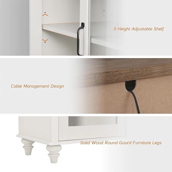 WAMPAT Farmhouse TV Stand for TVs Up to 65 inch, Glass Door TV Cabinet with Adjustable Shelf, Wooden Entertainment Center for 32-60 inch TV Console Table, Off White
