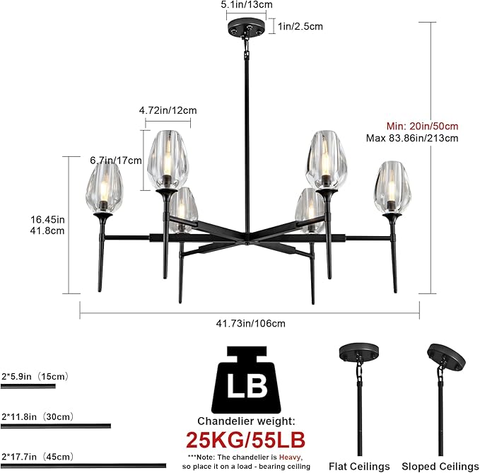 Modern Crystal Chandelier 6 Lights Black, 42in Black Round K9 Crystal Tulip Chandelier, Pendant Ceiling Light for Dining Living Room Bedroom Entryway Over Table, E12 Bulbs Included
