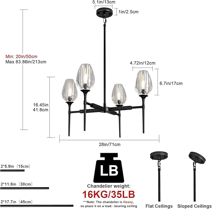 Crystal Black Pendant Lights Kitchen Island, 28" Adjustable Cord Modern Tulip Pendant Light Fixtures,4 Lights Kitchen Pendant Lighting Over Table,Indoor Chandeliers for Bedroom, Bulbs Included