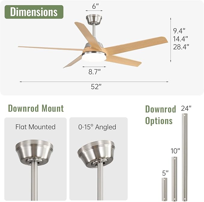 Sofucor 52 Inch Ceiling Fans with Lights and Remote Control-Modern Outdoor 5 ABS Blades Ceiling Fan, Dimmable 3-Color LED,Quiet DC Motor for Bedroom/Farmhouse/Indoor,Brushed Nickel&Natural Wood