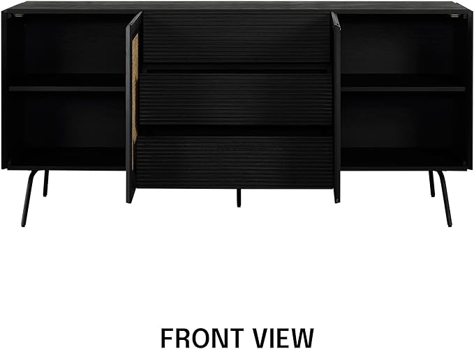 NTC MOSSIC Large Sideboard with 2 Doors and 3 Drawers, Buffet Cabinet with Natural Rattan and Metal Legs, Modern Storage Cabinet for Living Room, and Hallway, Effortless Assembly - Burnt Black