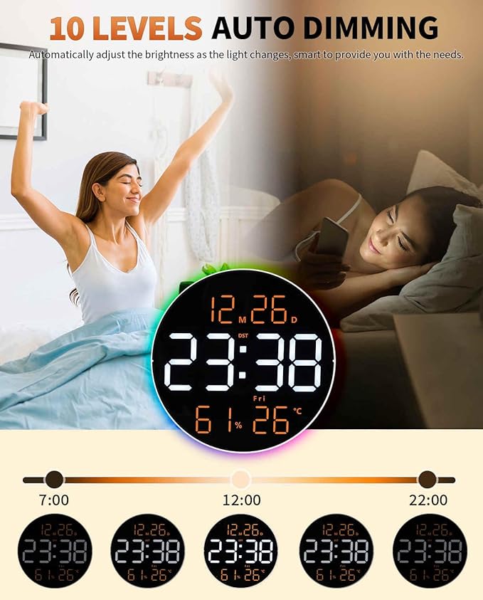 10 Inch Large Digital Wall Clock with 13 Color Changing Remote Control, Date Week Temperature, Auto Brightness Dimmer Big Clock with Night Lights,RGB