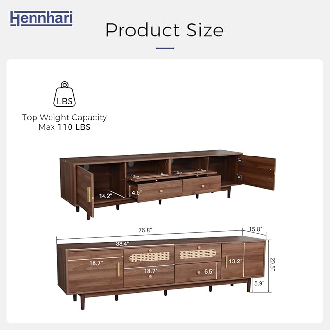76" Wood TV Stand with Drop-Down Door Cabinet, Modern Entertainment Center with Drawers and Doors, Media TV Console with Woven Rattan, Dark Brown (Dark Brown)