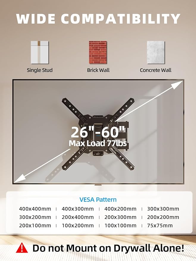 USX STAR UL Listed Full Motion TV Wall Mount for 26-60 Inch TV Mounts Up to 77 lbs, Max VESA 400x400mm, Wall Mount TV Bracket with Swivel, Tilting, Leveling Adjust & Extendable Arm