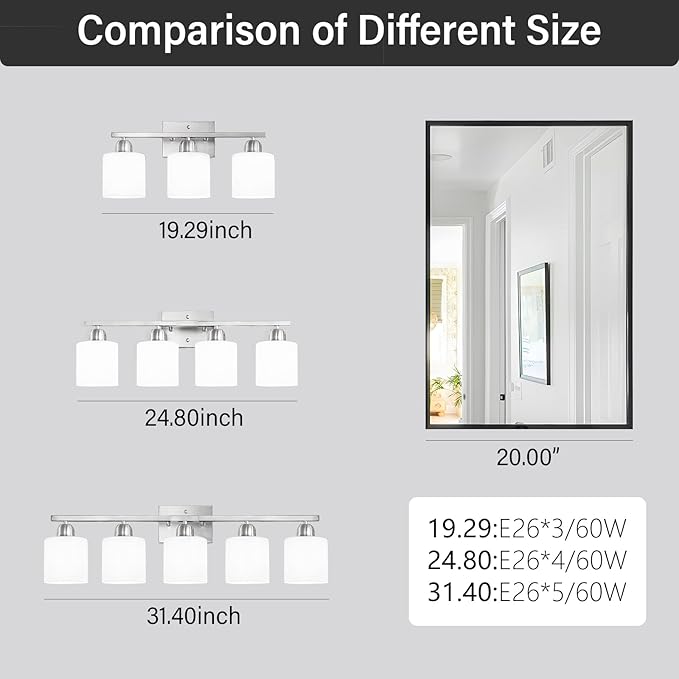 Brushed Nickel Bathroom Light Fixture, 3 Light Vanity Lights for Bathroom, Bath Lights with Milky White Frosted Glass Shades, E26 Socket