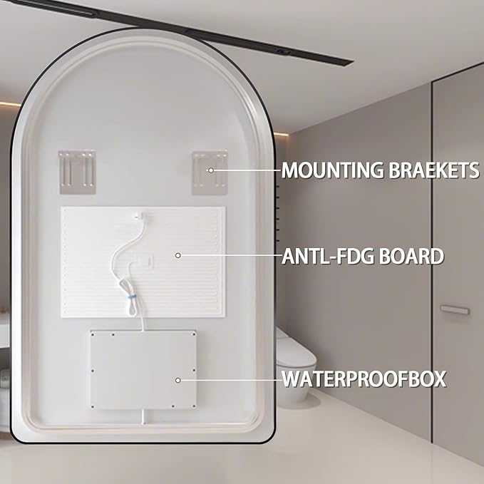 Niccy Arched LED Lighted Bathroom Mirror, 48x30 Inch Backlit Vanity Bathroom Mirror with Lights Brushed Black Framed Wall Mounted Mirrors with 3 Color Shatterproof Arch Smart Fog Free Mirror