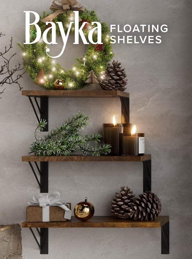 BAYKA Floating Shelves for Wall, Book Shelf for Bedroom, Wall Decor Shelves for Living Room Kitchen, Wood Floating Shelf for Home Decor, Corner Shelf for Bathroom, Office(Dark Brown,Set of 3)