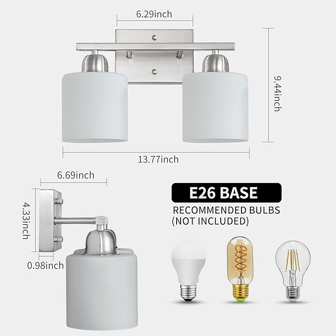 Brushed Nickel Bathroom Light, 2 Light Bathroom Vanity Light Brushed Nickel, Vanity Lamp with Milky White Frosted Glass Shades, E26 Socket