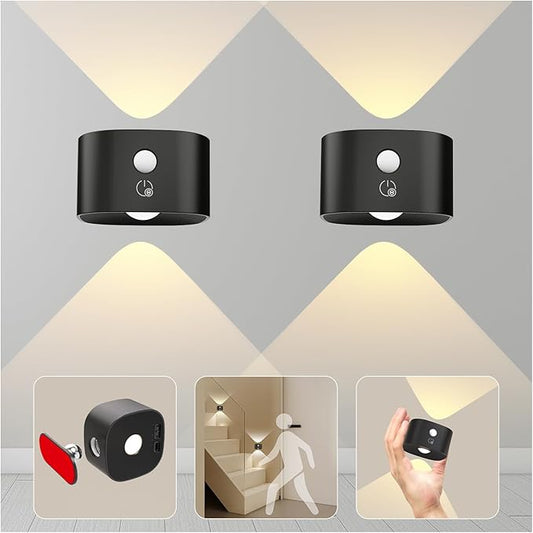 Motion Sensor Wall Sconces of 2PCS, Cordless Auto Motion Activated LED Wall Lights 360°Rotate& Rechargeable Battery Operated, 3 Brightness, Indoor Motion Detection Wall Lamps for Hallway Stairway