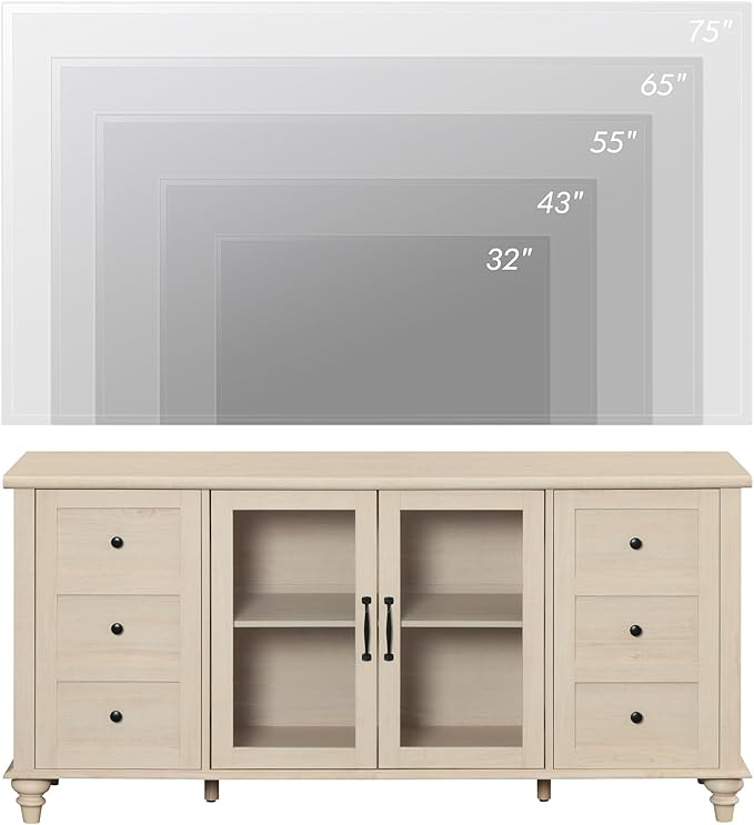 WAMPAT Glass Door Farmhouse TV Stand for TVs Up to 75 inch, Wood Universal TV Console Table with 4 Storage Cabinets, Entertainment Center for 32-75 inch TV Console Cabinet, 58'',Beige