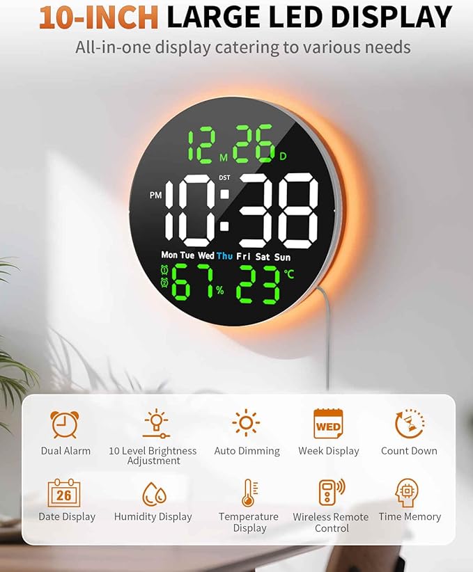 10 Inch Large Digital Wall Clock with 9 Color Changing Remote Control, Date Week Temperature, Auto Brightness Dimmer Big Clock with Night Lights,Green