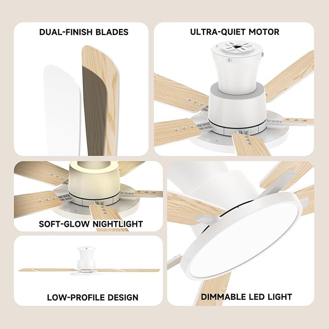 Ceiling Fans with Lights,52 inch,Nightlight,Quiet,Reversible Motor,6 Speeds,Timer, Low Profile Ceiling Fan for Bedroom,Living Room,Indoor/Outdoor Use(White)