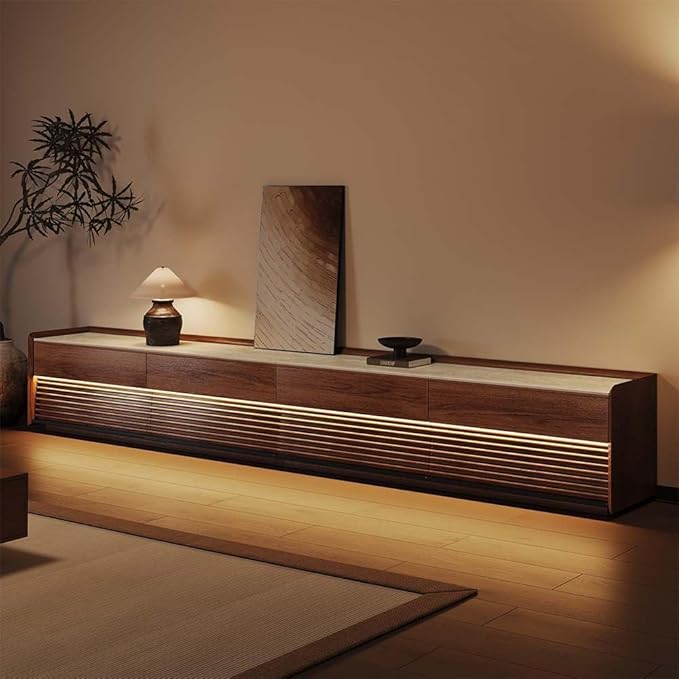 POVISON Fully-Assembled Mid Century Glossy Sintered Stone TV Stand, 118.11" Wood Media Console with Adjustable LED Light, Entertainment Center with Storage for Living Room(Walnut)