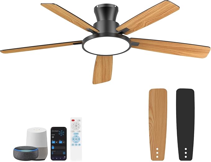 Ceiling Fans With Lights,52 Inch Smart Ceiling Fan, Remote/App Control, Compatible with Alexa/Google Assistant,Reversible,Dimmable,Adjustable Color Temperature,6 Speeds,Timer(Black)