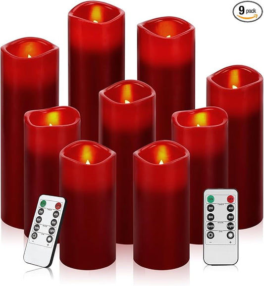 antizer Flameless Candles Led Candles Pack of 9 (H 4" 5" 6" 7" 8" 9" x D 2.2") Burgundy Real Wax Battery Candles with Remote Timer