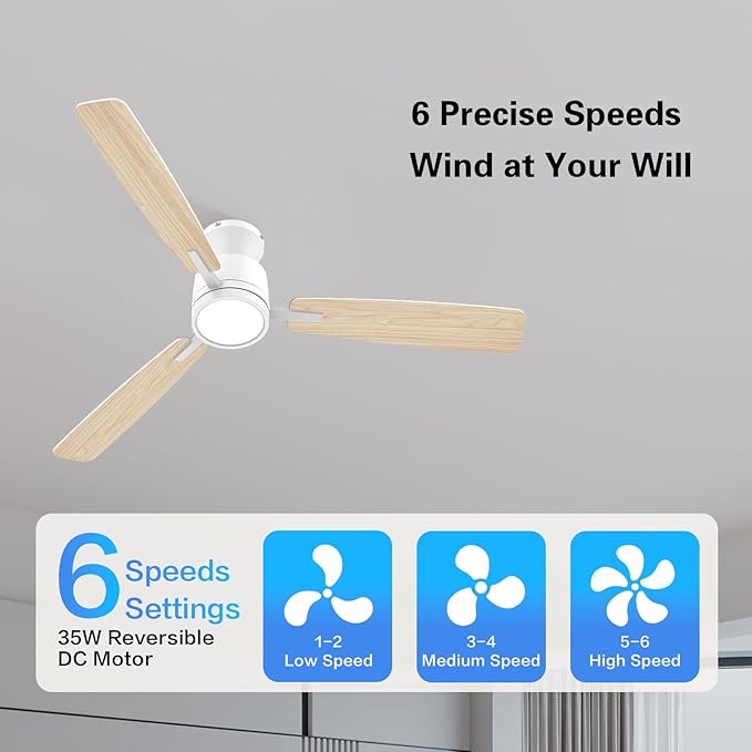 Ceiling Fans with Lights,52 Inch,Quiet Reversible Motor,Easy to Install,6 Speeds,Dimmable,Timer,White Low Profile Ceiling Fan for Bedroom Living Room,Kitchen,Indoor/Outdoor
