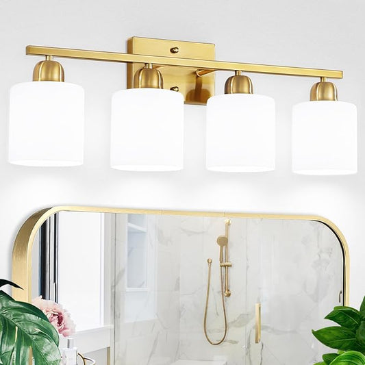 4 Light Gold Light Fixture Bathroom, Brushed Gold Vanity Light with Milky White Frosted Glass Shades, Lights for Bathroom Mirror for Living Room Bedroom Hallway E26 Base