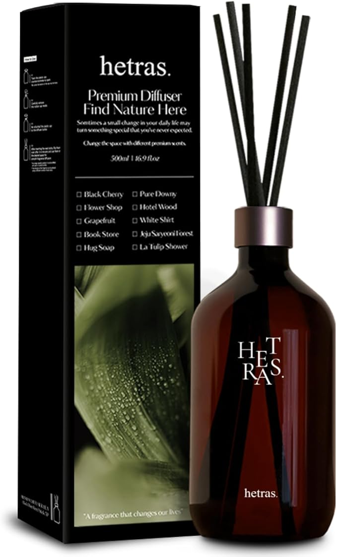 hetras. Premium Reed Diffuser: 16.9oz (500 ml) Large Capacity | Hotel Wood Scent | Fragrance Oil Diffuser Sticks for Home Office Bathroom Decor - Gifts for Loved one