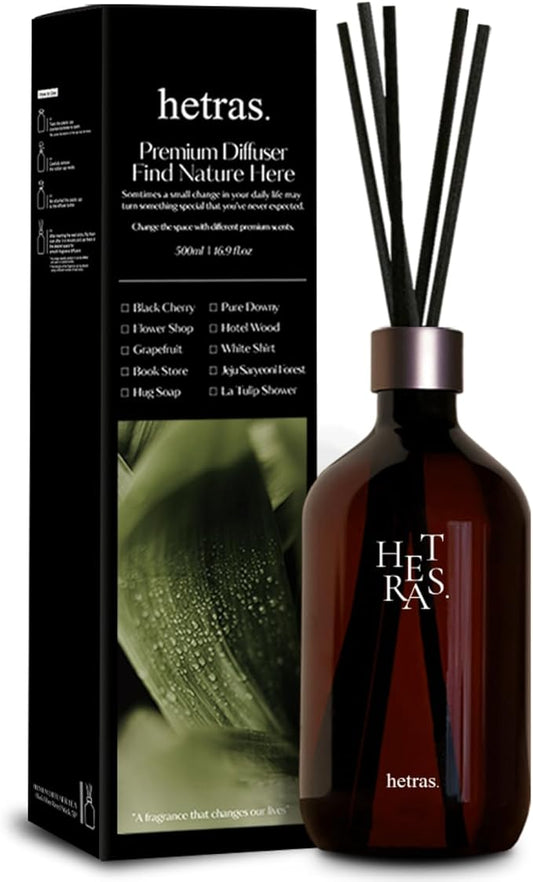 hetras. Premium Reed Diffuser: 16.9oz (500 ml) Large Capacity | Hotel Wood Scent | Fragrance Oil Diffuser Sticks for Home Office Bathroom Decor - Gifts for Loved one