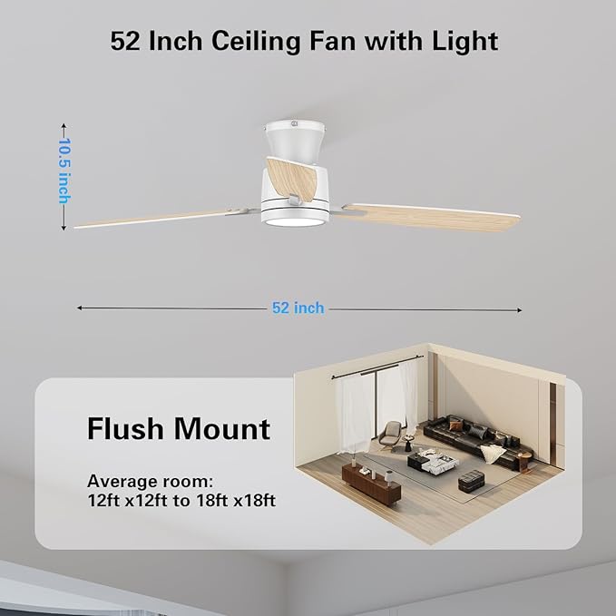 Ceiling Fans with Lights,52 Inch,Quiet Reversible Motor,Easy to Install,6 Speeds,Dimmable,Timer,White Low Profile Ceiling Fan for Bedroom Living Room,Kitchen,Indoor/Outdoor
