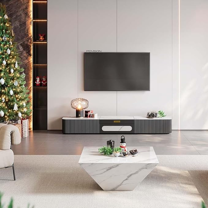 POVISON Fully-Assembled Modern TV Stand for Projector, Sintered Stone Entertainment Center with Storage for 65 inch TV, Wood TV Console, Media Console for Living Room Bedroom
